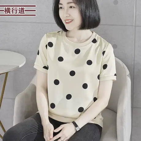 2023新款夏季纯色女上衣T恤圆领波点丝绸宽松短袖大码中年妈妈装商品大图