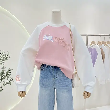 复古韩系春夏时尚百搭刺绣小兔子宽松拼色插肩袖卫衣女休闲上衣商品大图
