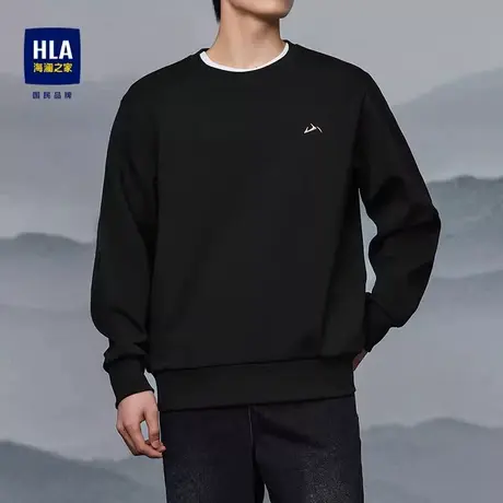 HLA/海澜之家长袖t恤男春秋季休闲宽松卫衣纯黑色内搭圆领打底衫图片