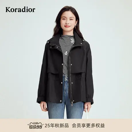 珂莱蒂尔商场同款秋季款经典黑色风衣休闲连帽上衣女短外套图片