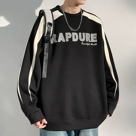 圆领卫衣男春秋季新款美式宽松拼接长袖打底衫外套潮牌字母上衣服商品大图