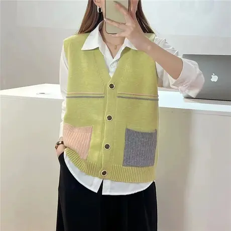 叠穿针织开衫背心马甲女春秋2023年口袋洋气外穿宽松毛衣坎肩马夹商品大图
