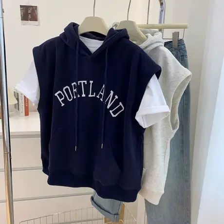 无袖连帽卫衣女春秋韩版宽松百搭设计感小众套头字母马甲背心上衣商品大图