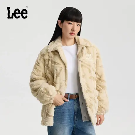 Lee25秋冬新品舒适版翻领小刺绣Logo卡其色女毛绒夹棉外套保暖商品大图
