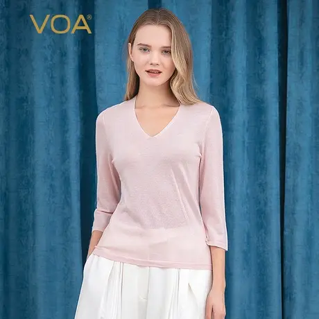 VOA纯羊绒衫60支精纺桃领七分袖平纹简约亲肤轻柔百搭细软套头T恤商品大图