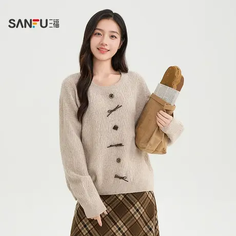 三福毛衣2025秋季气质蝴蝶结装饰纽扣圆领上衣女装509835商品大图
