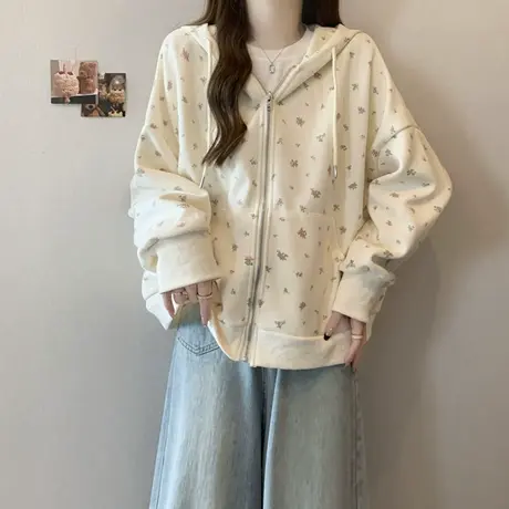 春秋季2025新款薄款连帽衫卫衣女韩版百搭宽松碎花上衣外套学院风商品大图