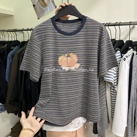 韩系卡通南瓜印花撞色条纹短袖T恤女2025秋季新款圆领显瘦打底衫商品大图