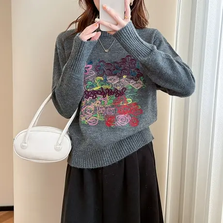 唐狮秋冬毛衣女温柔风气质绣花设计圆领套头慵懒风时尚女装潮tu图片