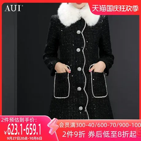 AUI黑色狐狸毛领小香风外套女2023冬新款小香风中长款修身大衣厚图片