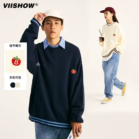 VIISHOW刺绣毛衣男士秋季新款日系圆领潮牌条纹宽松情侣装针织衫商品大图