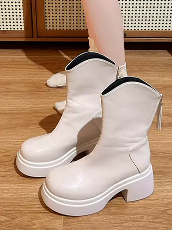 小个子英伦风白色厚底马丁靴女款秋天2023新款复古爆款粗跟短靴子商品大图