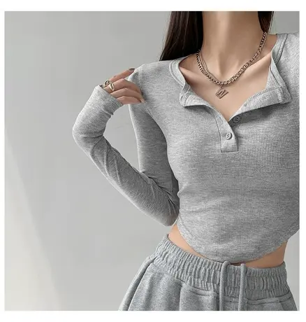 美式灰色修身套指长袖打底衫女v领排扣设计感T恤显瘦露脐短款上衣商品大图