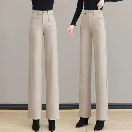 杏色毛呢直筒裤女秋冬高腰垂感窄版阔腿裤休闲人字纹加厚西装长裤图片