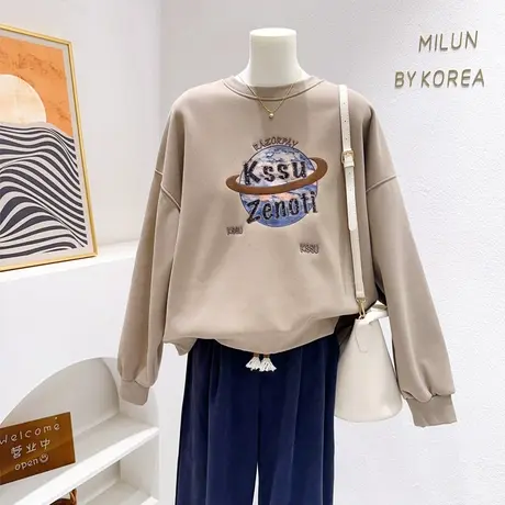 韩国东大门卫衣~ins原宿风港味亮片地球加绒摇粒绒上衣外套小个子图片