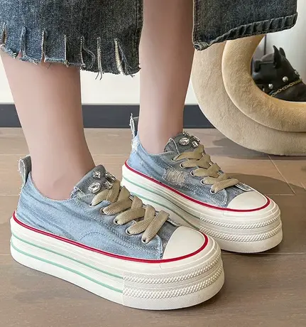 时尚复古低帮帆布鞋女2023新款百搭牛仔布板鞋爆款厚底增高松糕鞋商品大图