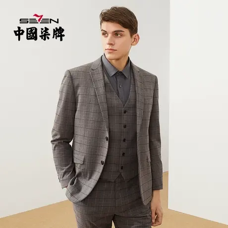 柒牌男士西服马甲三件套复古休闲英伦风婚礼宴会深灰格子西装外套商品大图