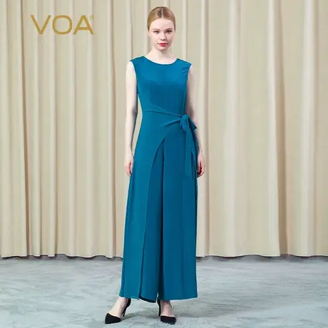 VOA30姆米重磅真丝无袖圆领不对称绑带收腰纯色阔腿桑蚕丝连衣裤图片