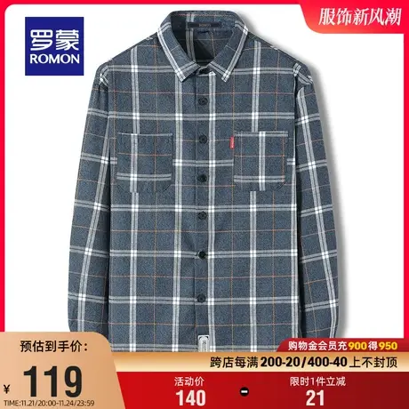 罗蒙男士翻领长袖衬衫2024春季新款简约商务格子工装休闲百搭衬衣商品大图