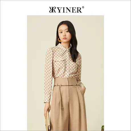 YINER音儿专柜女装2022夏季新款时尚爱心印花蚕丝衬衫商品大图