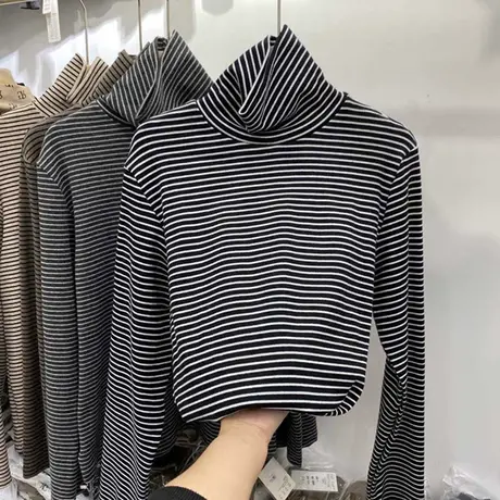 秋冬季加绒加厚洋气高领内搭条纹打底衫女装德绒保暖百搭长袖上衣图片