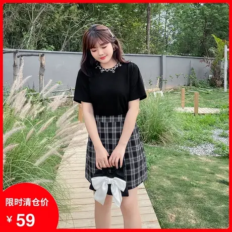 【清仓】新款拼接织带胖妹妹针织T恤纯色宽松显瘦大码胖MM上衣女商品大图