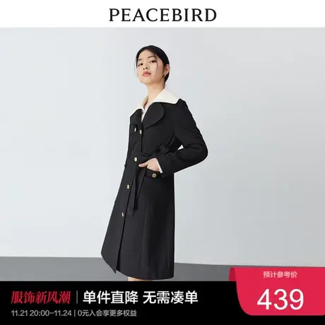 太平鸟长款风衣外套女2023春季单排扣黑色小个子风衣附腰带奥莱图片