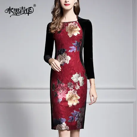 【1件7.9折】冬季新品时尚丝绒拼接蕾丝印花连衣裙简约修身一步裙商品大图