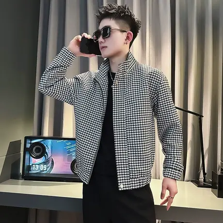 春秋季翻领夹克男2023新款男装痞帅气潮牌格子痞帅机车设计感外套商品大图