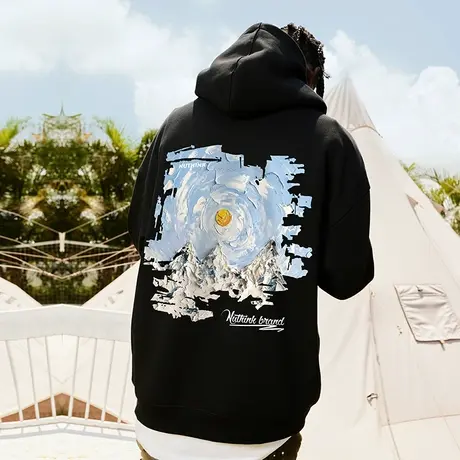 Nuthink大码宽松欧美潮牌油画连帽卫衣男潮加绒加厚情侣外套春季商品大图