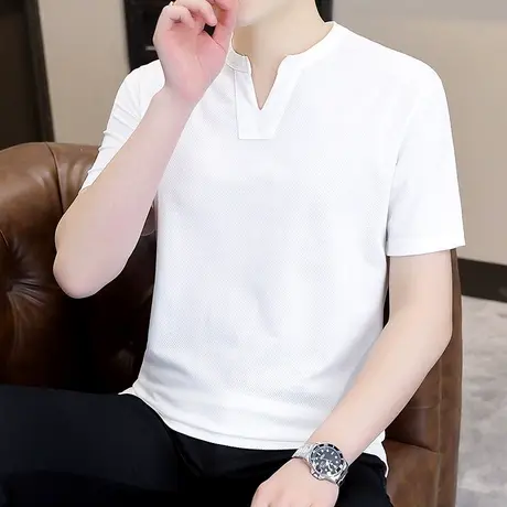 男款亨利领华夫格短袖T恤夏季潮流小圆V领打底衫简约半袖休闲体恤图片