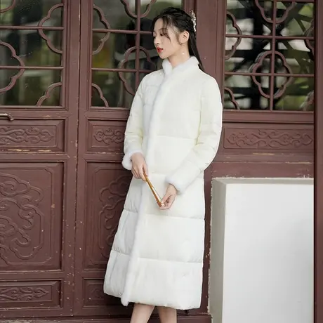 素飞新中式棉衣日常加厚保暖长款旗袍式棉服修身显瘦白色茶服外套商品大图