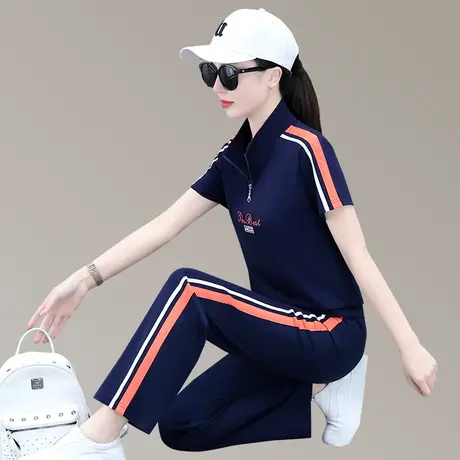 半拉链短袖休闲运动服套装女士夏季薄款天丝阔腿裤垂感显瘦两件套商品大图
