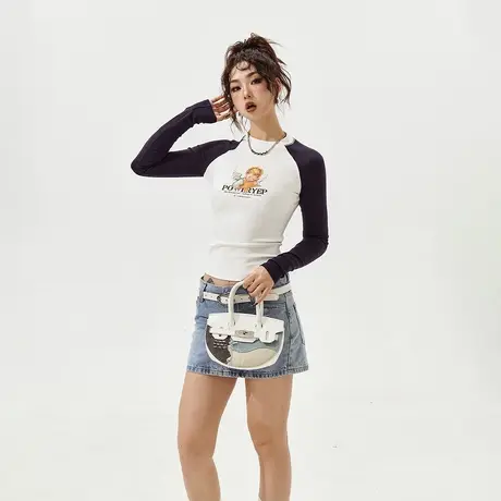 YEP拼接插肩袖短款长袖T恤女春秋打底衫2024新款美式辣妹内搭上衣图片