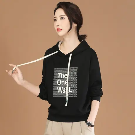 韩潮袭人连帽印花长袖黑色休闲卫衣女2023秋装新款宽松百搭上衣图片