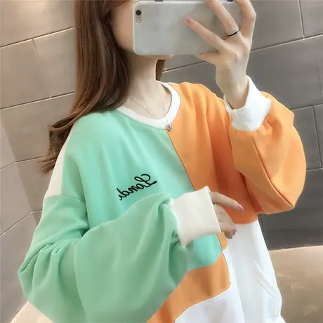 时尚拼色卫衣女2023年新款秋冬季宽松口袋上衣百搭慵懒外套潮ins商品大图