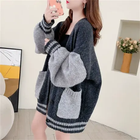 慵懒风大码拼色毛衣开衫女2023新款秋季宽松洋气百搭针织外套上衣商品大图