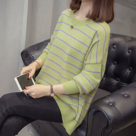 韩版毛衣女宽松外穿短款套头慵懒条纹针织衫秋冬新款韩版上衣森系图片