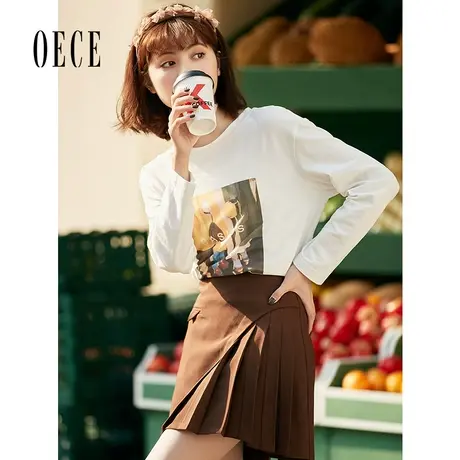 Oece时尚印花T恤春季新款女装简约内搭棉体恤衫纯设计感上衣商品大图