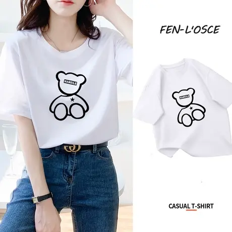 小熊短袖t恤女2024年夏季新款设计感小众体恤宽松大码纯棉上衣服商品大图