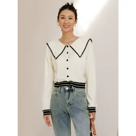 弥古法式小香风白色针织衫女秋长袖薄款娃娃领上衣小众设计感秋装图片