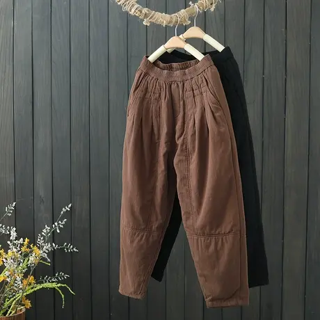 冬季新款复古夹棉长裤加厚休闲哈伦棉裤女文艺宽松外穿保暖萝卜裤图片