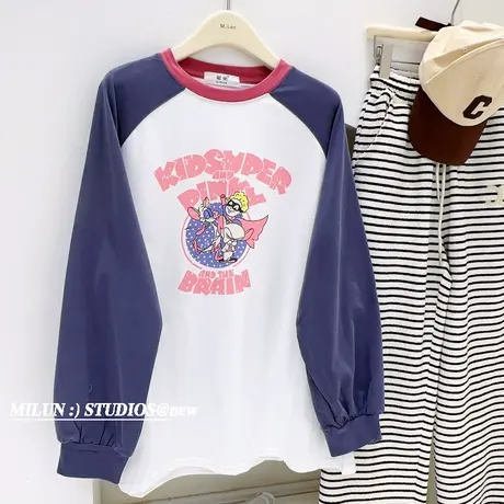 设计感洋气拼色上衣2023春装新款韩国东大门港风慵懒长袖T恤宽松商品大图