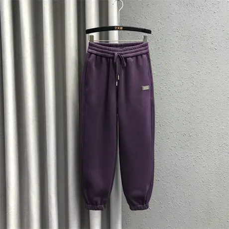 欧货简约风哈伦裤女23秋冬新款紫色松紧腰高腰百搭加绒九分束脚裤商品大图