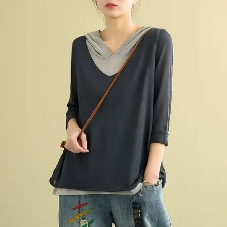 DZA文艺假两件针织长袖t恤女连帽棉麻上衣春秋款2022新款休闲小衫商品大图