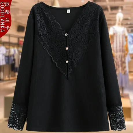 40-50岁大码中年妈妈秋装长袖上衣宽松遮肚V领洋气蕾丝T恤打底衫商品大图