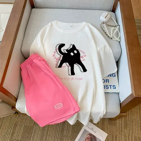 纯棉运动服套装跑步女2023新款夏季宽松短袖短裤小个子休闲两件套商品大图