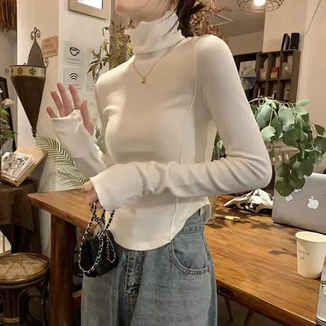 加绒加厚保暖内搭打底小衫女秋冬修身短款德绒长袖T恤堆堆领上衣商品大图