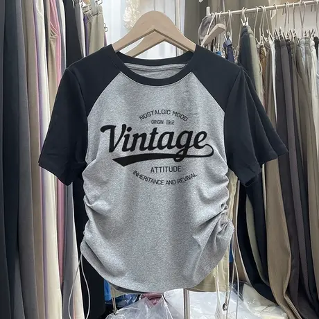 美式插肩t恤女夏短款抽绳上衣微胖穿搭ins高腰复古chic不规则短袖图片