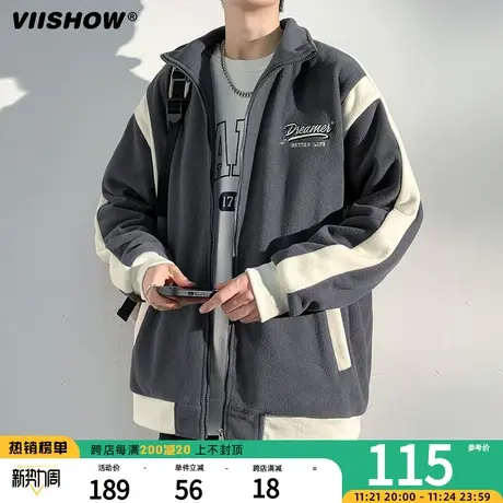 VIISHOW美式毛呢夹克男冬季2023新款潮宽松运动拼接外套休闲上衣商品大图